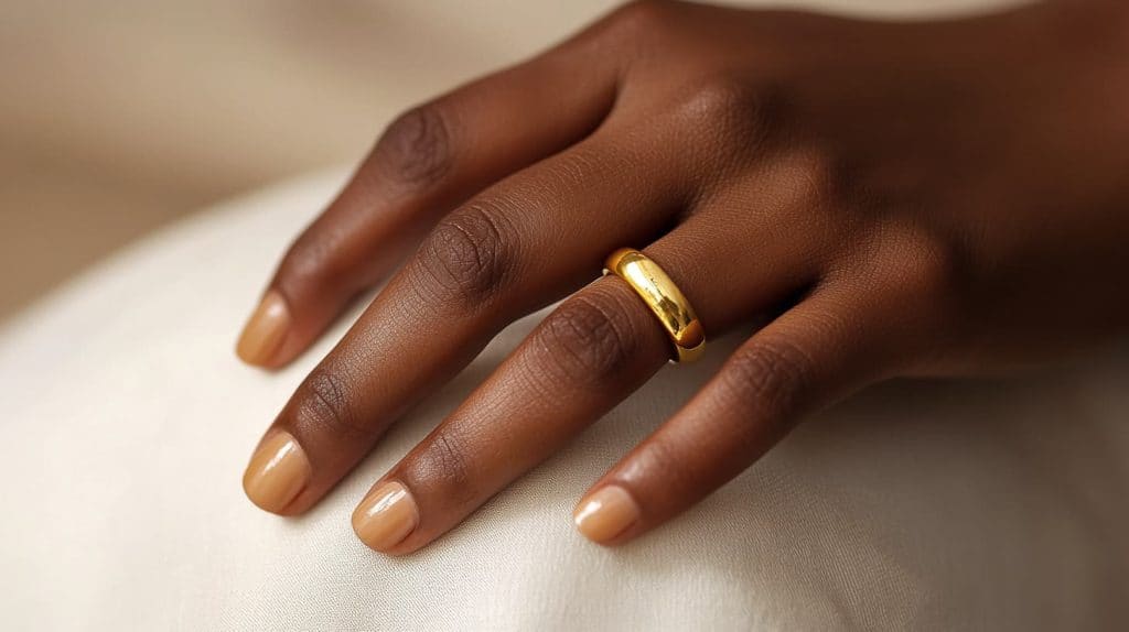 A minimalist yellow gold ring on a hand, highlighting the metal’s natural tarnish resistance and timeless luster.