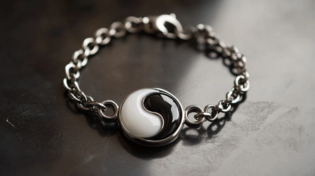 Silver chain bracelet featuring a Yin Yang symbol, representing balance and interconnectedness.