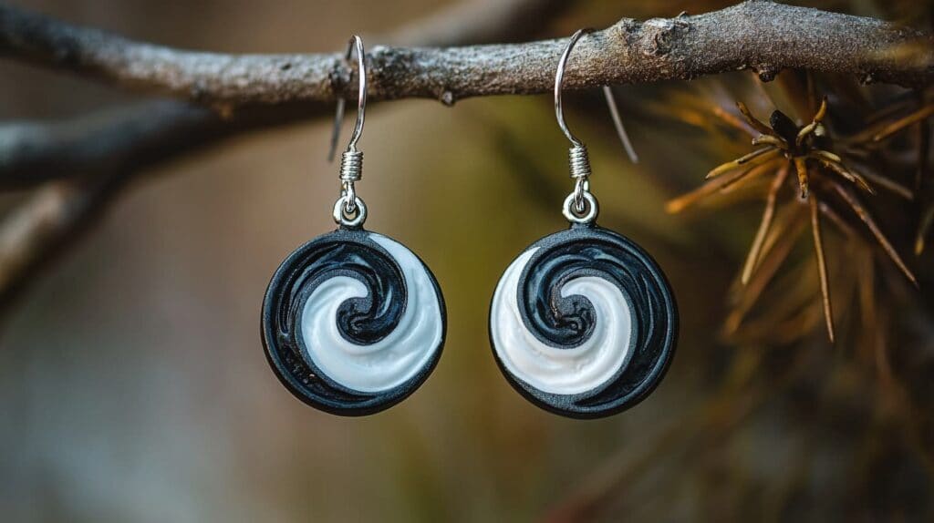 Yin Yang earrings with black and white spiral design, embodying the concept of duality and harmony.